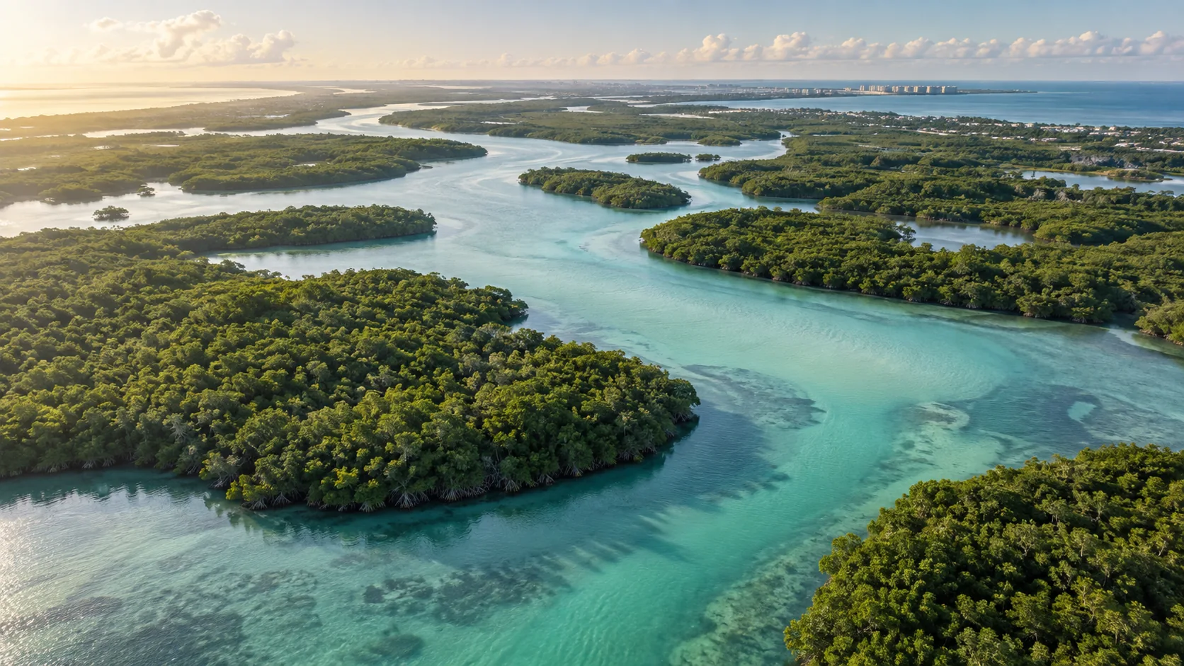 An aerial landscape of mangrove islands and winding coastal waterways